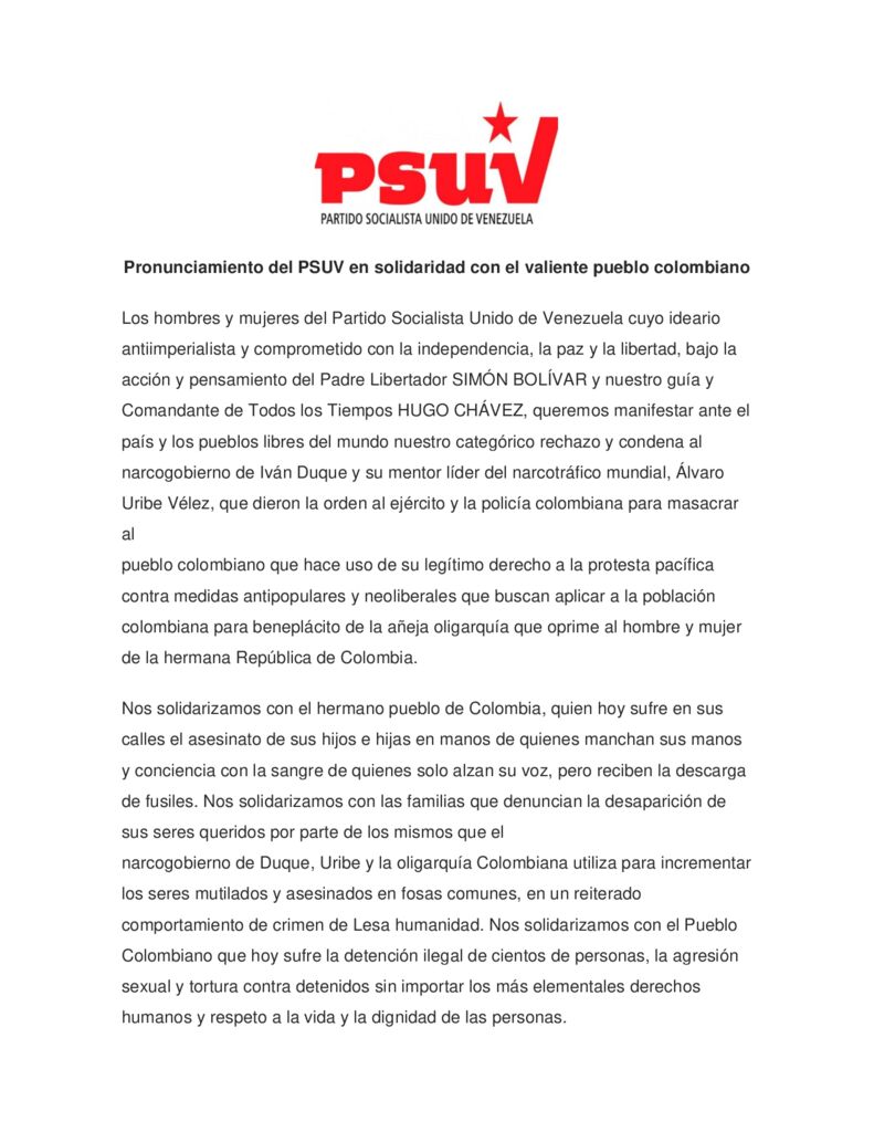 thumbnail of Pronunciamiento del PSUV en solidaridad con el valiente pueblo colombiano