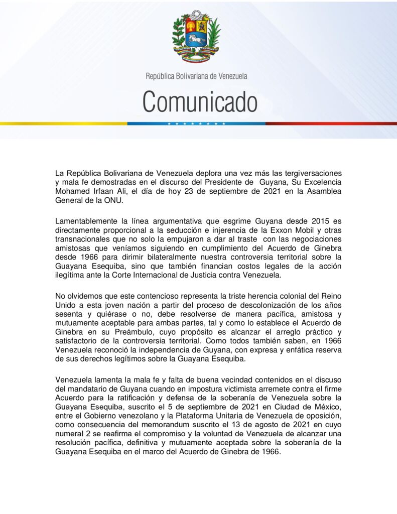 thumbnail of Venezuela deplora tergiversaciones del presidente guyanés en 76ª Asamblea General de la ONU
