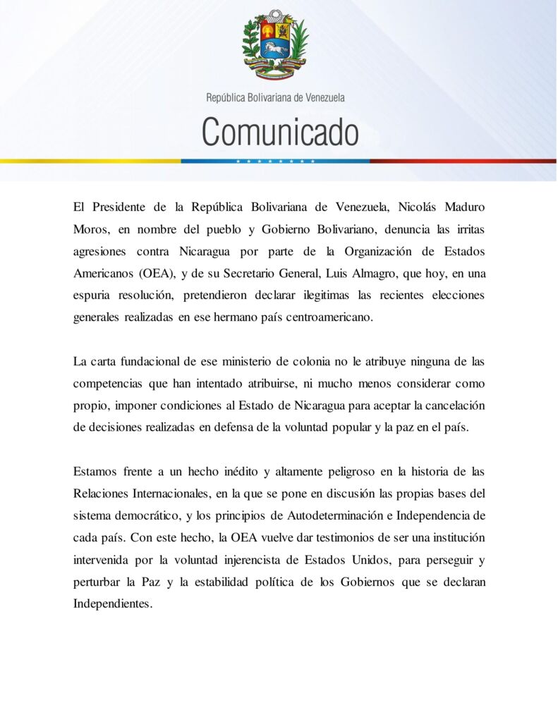 thumbnail of Venezuela denuncia agresiones contra Nicaragua por parte de la OEA y su secretario general Luis Almagro