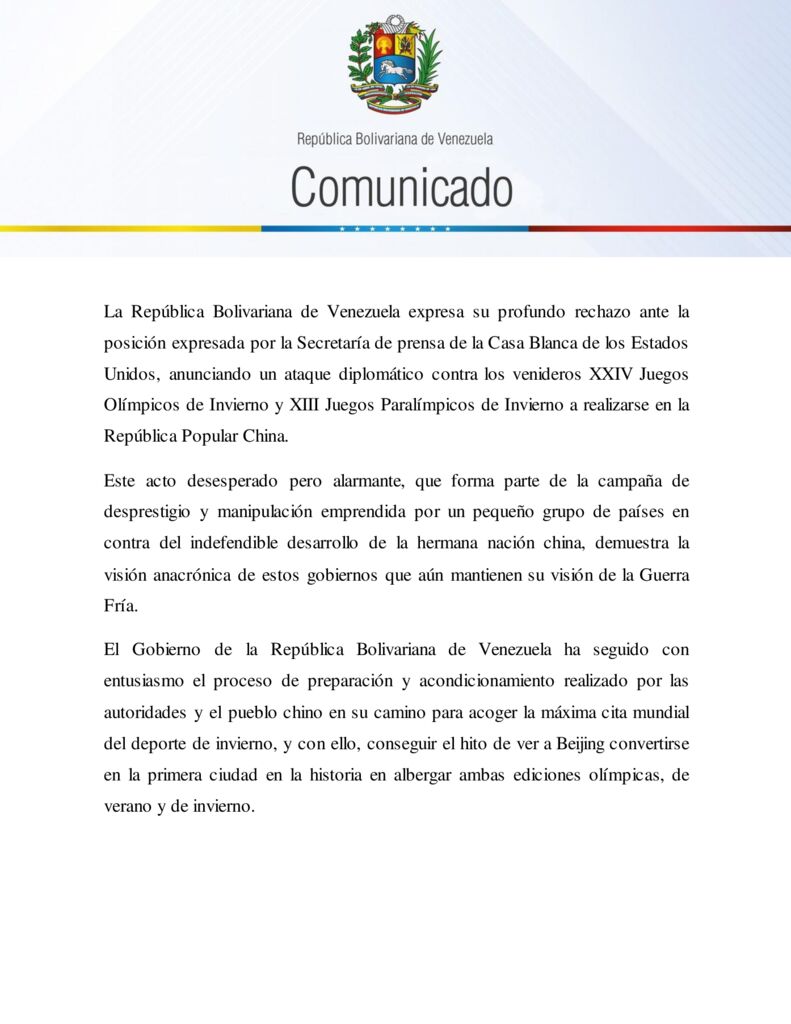 thumbnail of Venezuela-rechaza-ataque-diplomatico-de-EEUU-contra-los-XXIV-Juegos-Olimpicos-de-Invierno-en-China