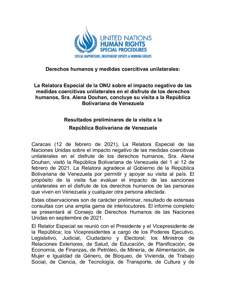 thumbnail of Informe UN Relatora Especial Medidas Coercitivas Unilaterales- Venezuela