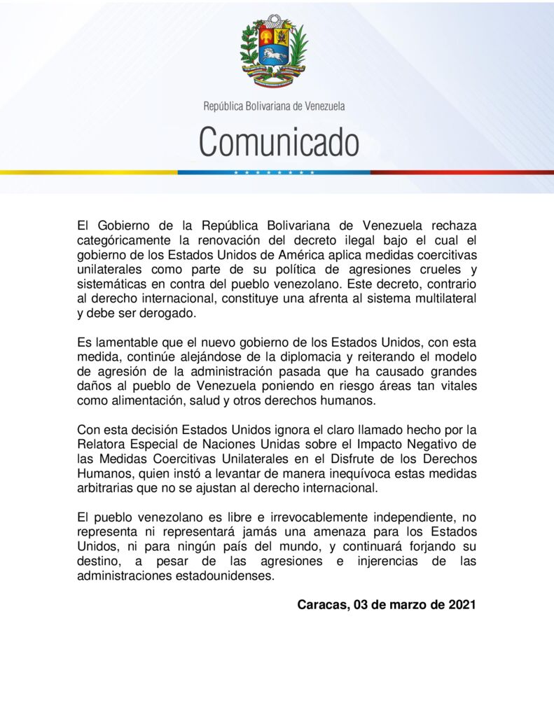 thumbnail of Venezuela-rechaza-categoricamente-renovacion-del-decreto-ilegal-bajo-el-cual-EEUU-aplica-medidas-coercitivas-unilaterales