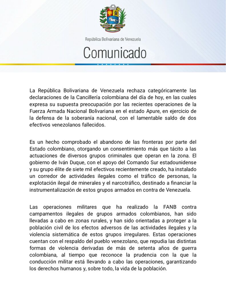 thumbnail of Venezuela-rechaza-declaraciones-de-la-Cancilleria-colombiana-sobre-operaciones-de-la-FANB-en-el-estado-Apure