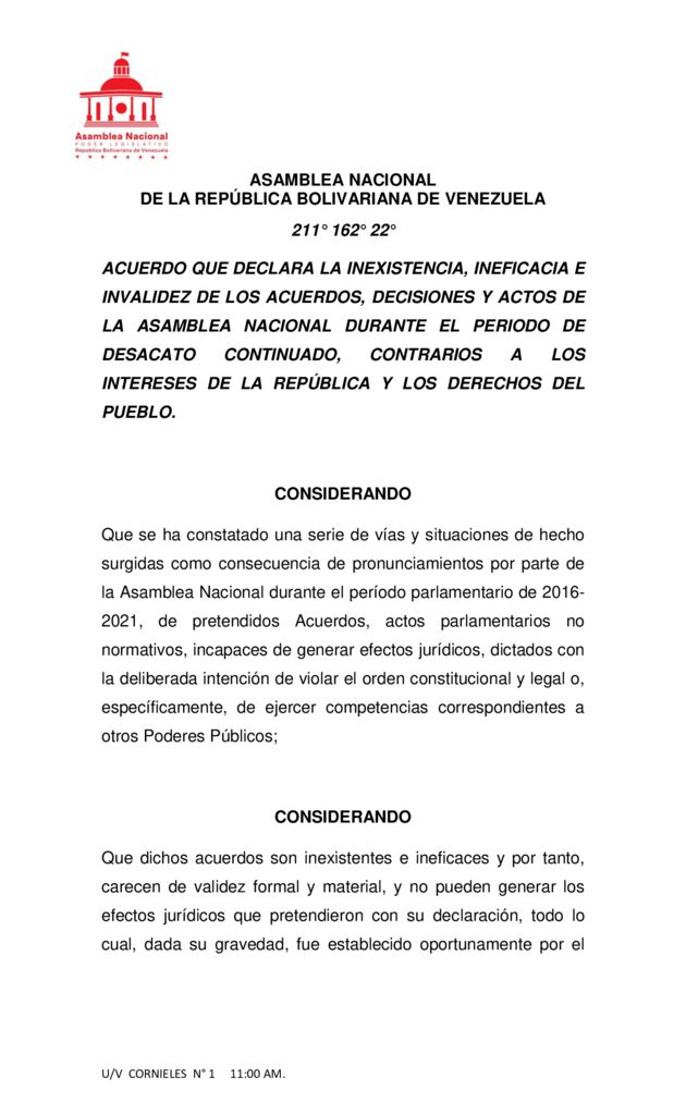 thumbnail of Acuerdo que declara la inexistencia, ineficacia e invalidez de los acuerdos, decisiones y actos de la asamblea nacional durante el periodo de desacato continuado, contrarios a los intere