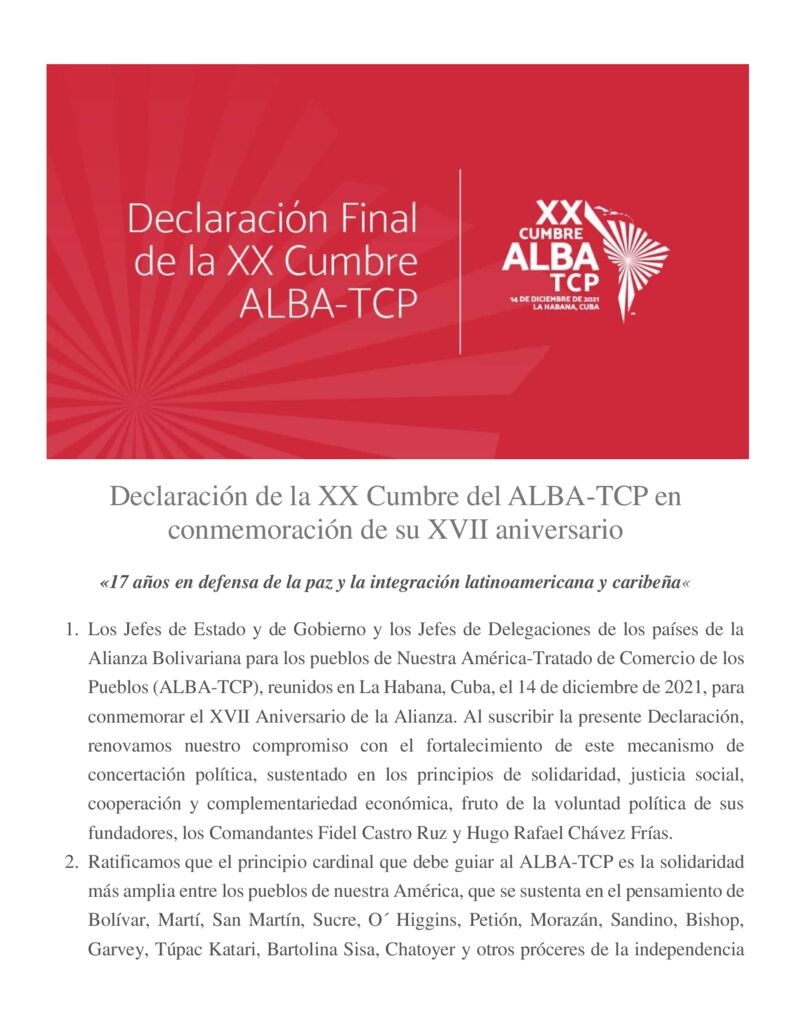 thumbnail of Declaración de la XX Cumbre del ALBA