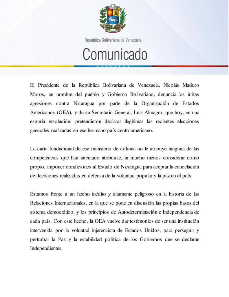 thumbnail of Venezuela denuncia agresiones contra Nicaragua por parte de la OEA y su secretario general Luis Almagro