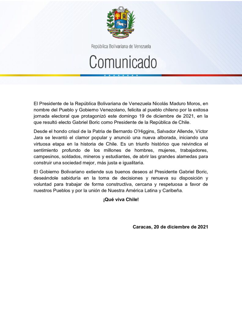 thumbnail of Venezuela-felicita-al-pueblo-chileno-por-exitosa-jornada-electoral-y-a-su-Presidente-Gabriel-Boric