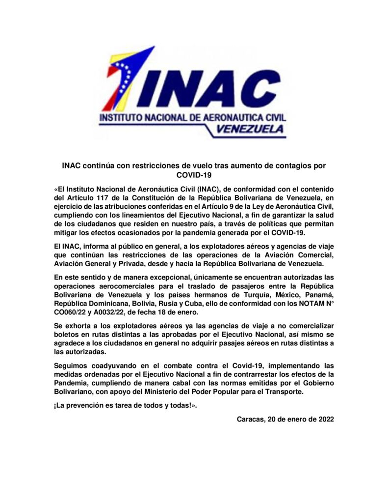 thumbnail of INAC continúa con restricciones de vuelo tras aumento de contagios por COVID