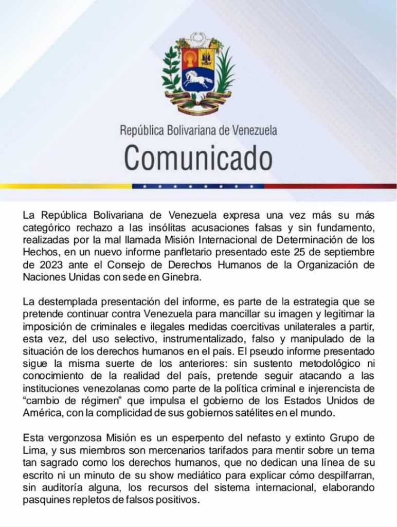 Venezuela rechaza "informe panfletario" expuesto ante el Consejo de DDHH de la ONU
