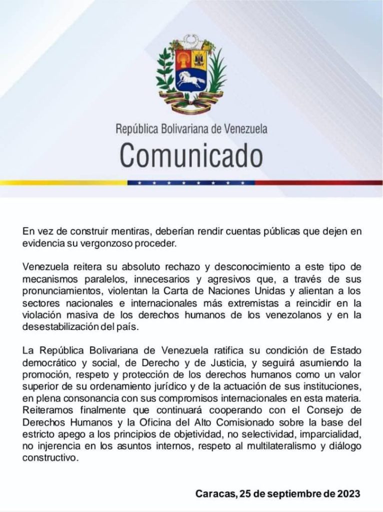 Venezuela rechaza "informe panfletario" expuesto ante el Consejo de DDHH de la ONU