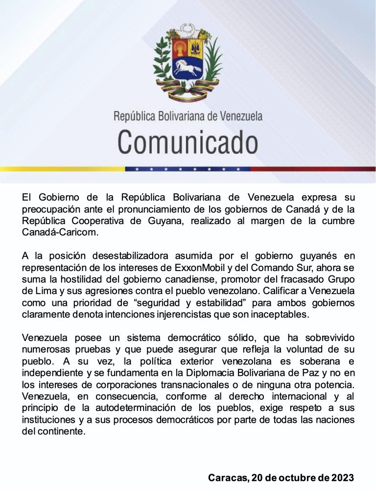 Venezuela rechaza intenciones injerencistas de Canadá y Guyana