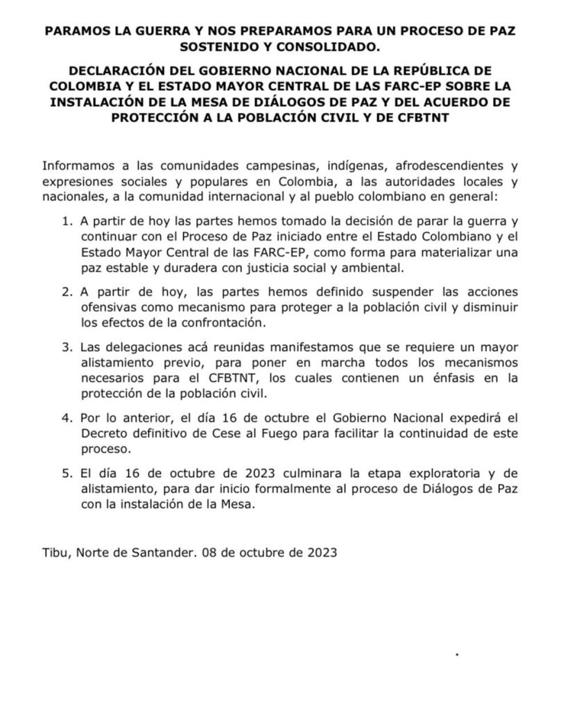 Gobierno de Colombia y las FARC acuerdan alto al fuego bilateral