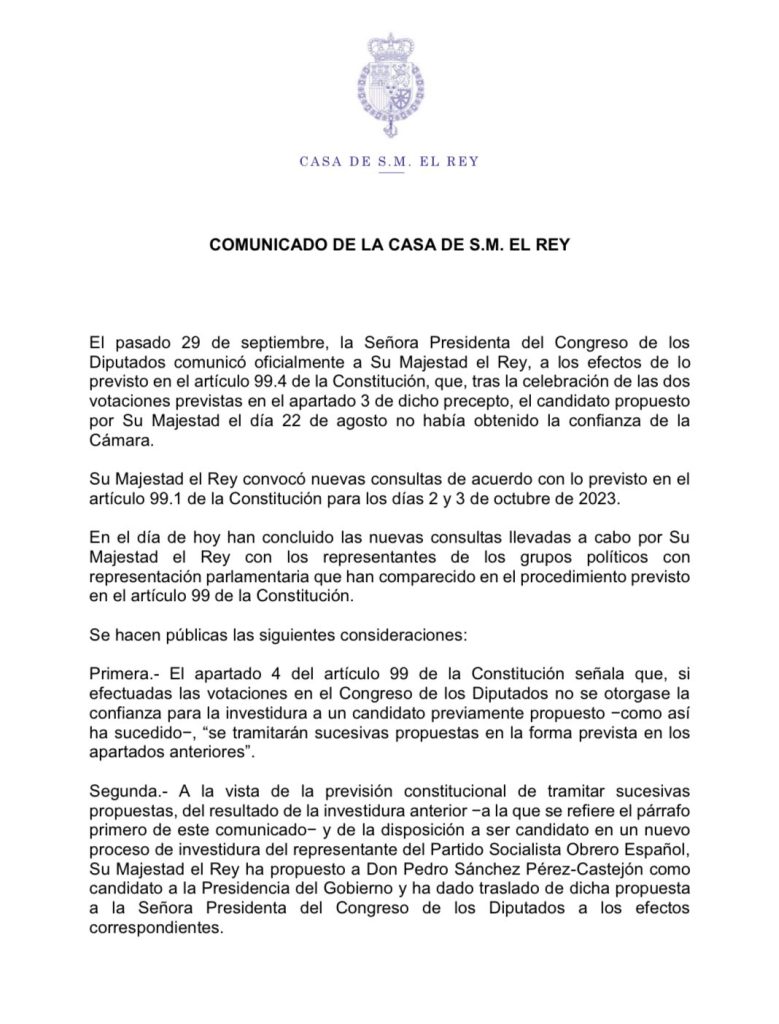 Pedro Sánchez es designado candidato para ser reelecto Jefe de Gobierno de España