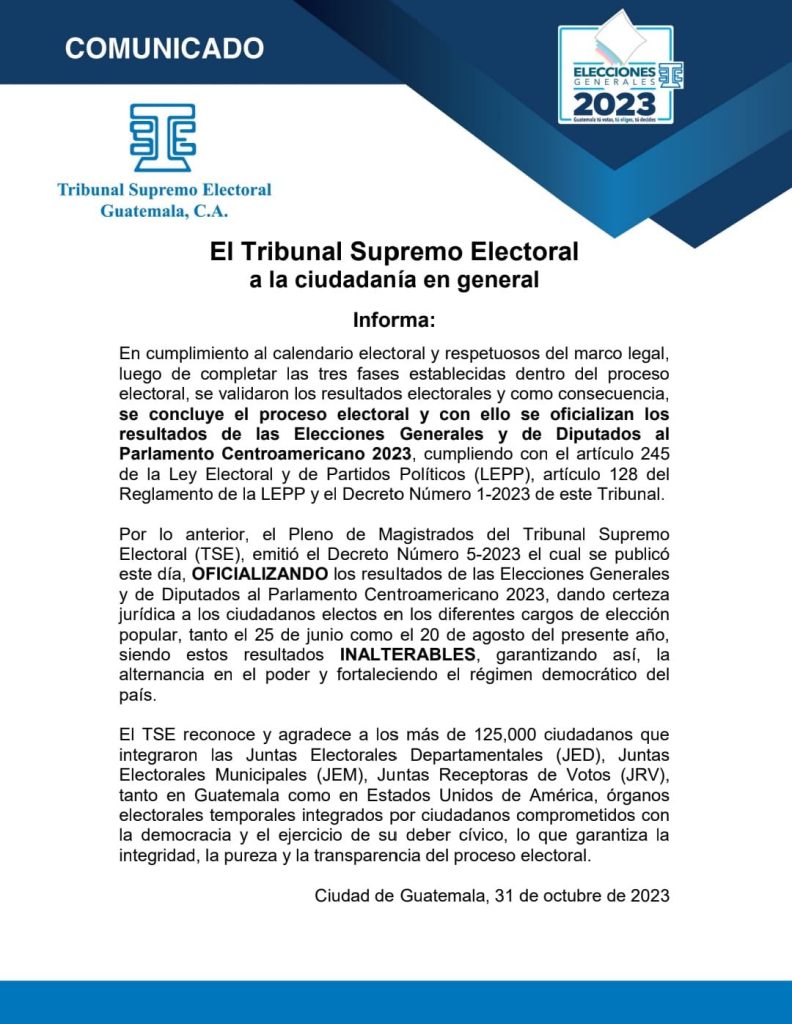 Guatemala cierra el proceso electoral y ratifica resultados