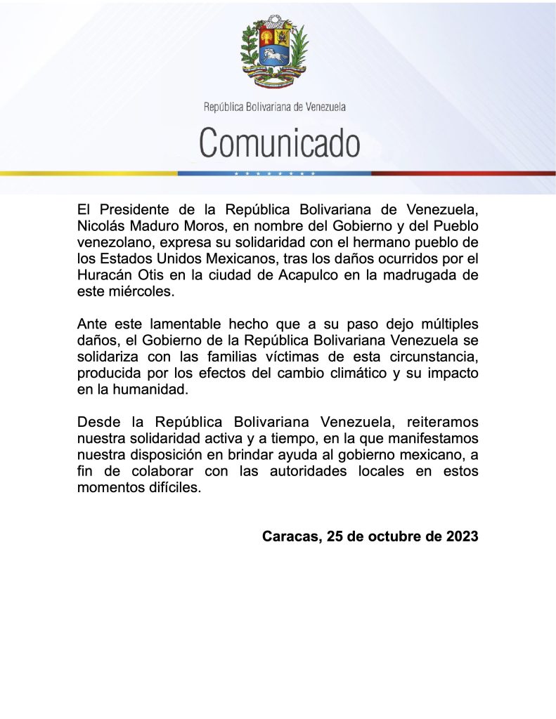 Venezuela y Cuba se solidarizan con México tras paso de huracán Otis
