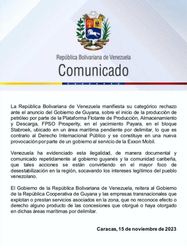 Venezuela rechaza inicio de producción petrolera en área marítima pendiente por delimitar