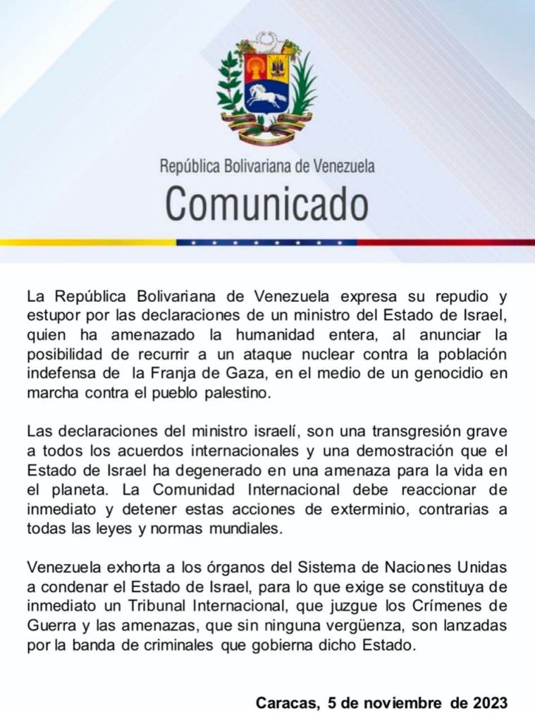 Venezuela repudia amenaza de Israel sobre escalada nuclear en Gaza