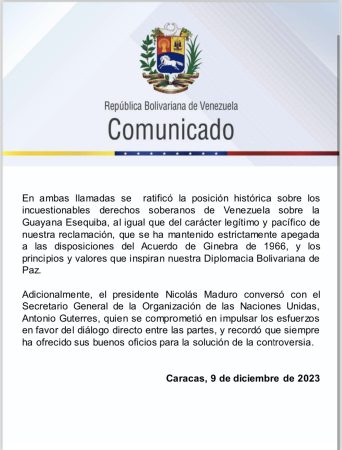 Comunicado oficial sobre la petición de reunión de Venezuela y Guyana