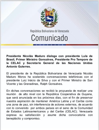 Comunicado oficial sobre la petición de reunión de Venezuela y Guyana