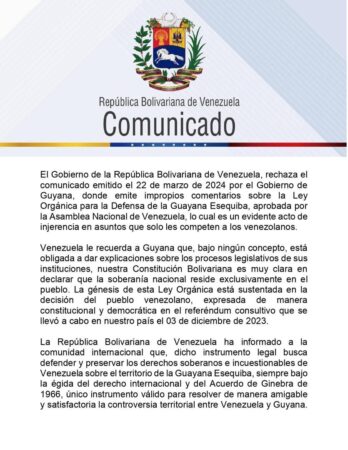 Gobierno Bolivariano, rechazó comunicado de Guyana sobre ley en defensa del Esequibo