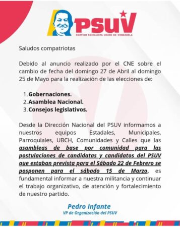 PSUV reprograma las Asambleas de postulación candidatos para las elecciones parlamentarias
