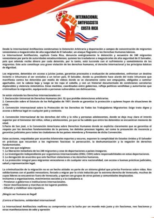 La Internacional Antifascistas de Costa Rica condenó secuestro de venezolanos en El Salvador