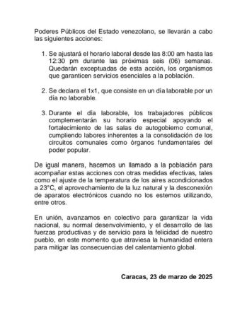 Administración Pública Nacional ajusta horario laboral ante emergencia climática