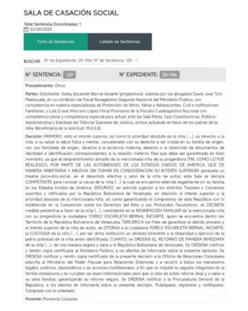 Sentencia del Tsj que ordena el retorno de la menor Maikelys Espinoza, secuestrada en Estados Unidos