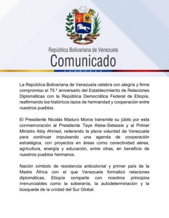 Venezuela celebra el 75 aniversario de relaciones diplomáticas con Etiopía