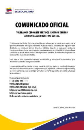 Gobierno venezolano reafirma compromiso con la gestión ambiental: verter desechos en las costas acarrea sanciones