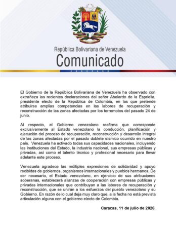 Venezuela rechaza atribuciones de De la Espriella en reconstrucción de zonas afectadas por sismos