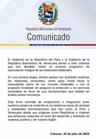Venezuela y Perú inician reanudación paulatina de relaciones bilaterales