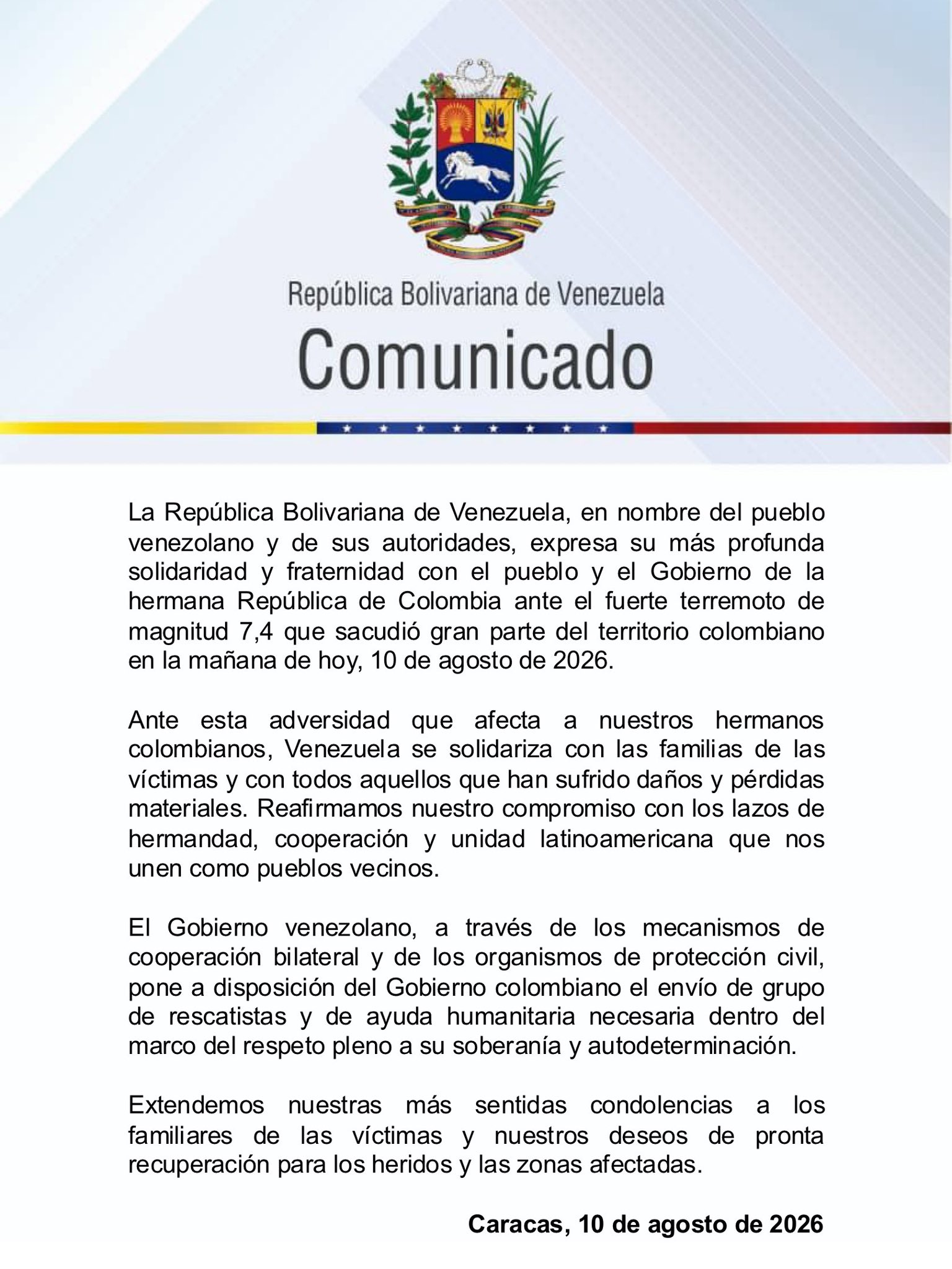 Venezuela expresa su solidaridad con Colombia tras sismo ocurrido este lunes 